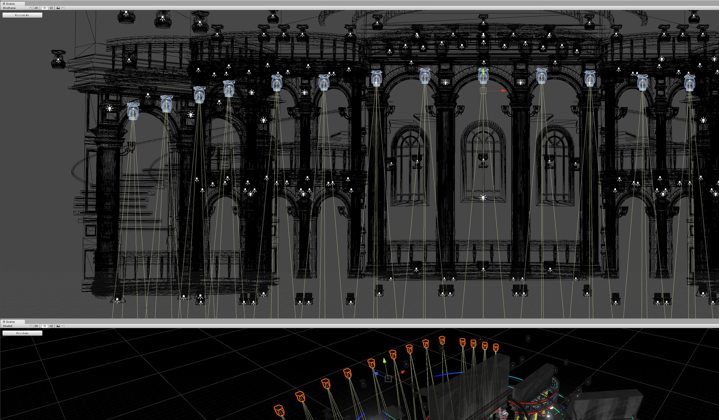 Wireframe view of the 3D stage model in Unity