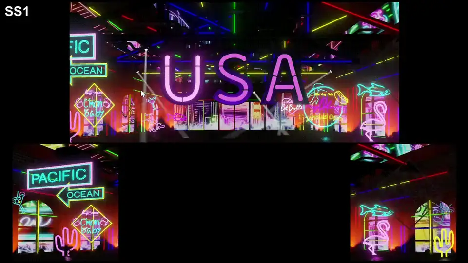 Moving LED stage visuals with neon signs such as "USA"